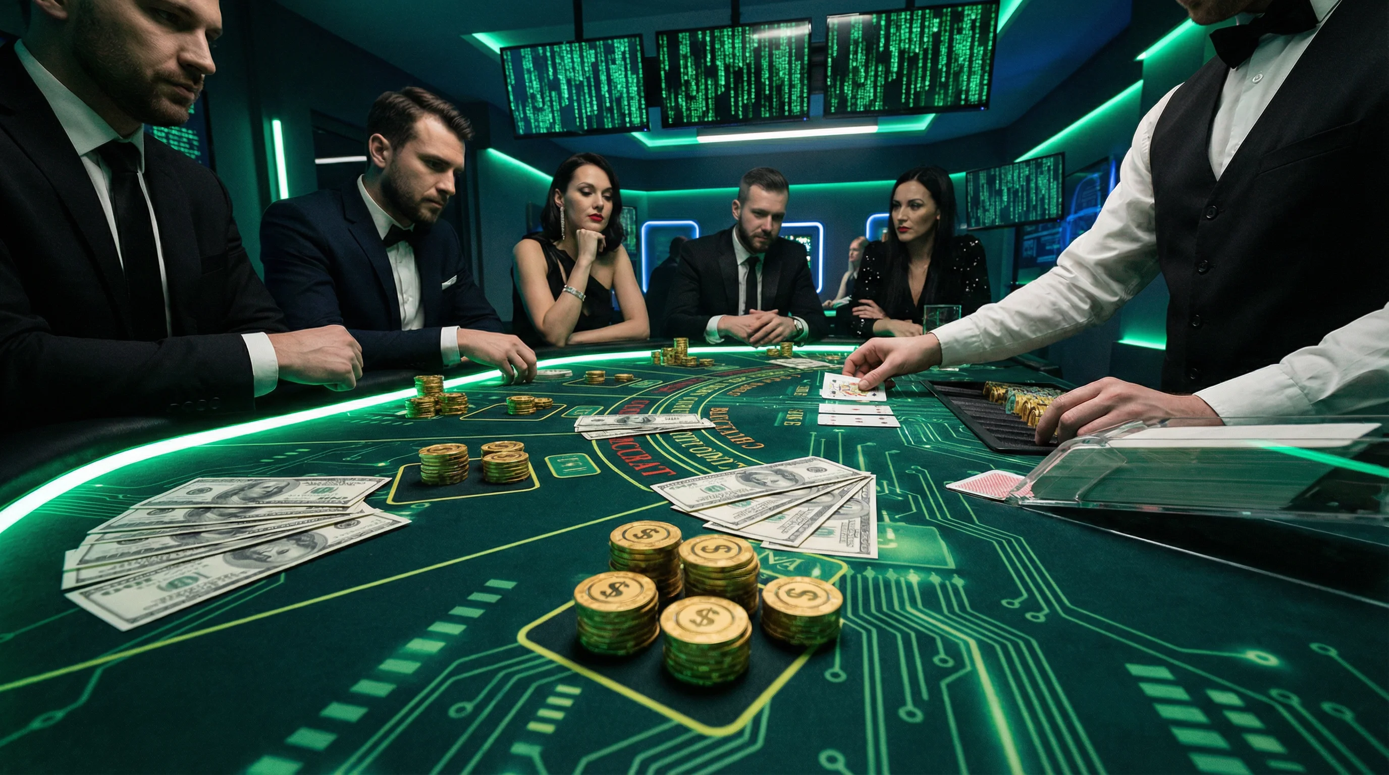 Mesa de bacará elegante con cartas y fichas doradas en Rivalobet App México