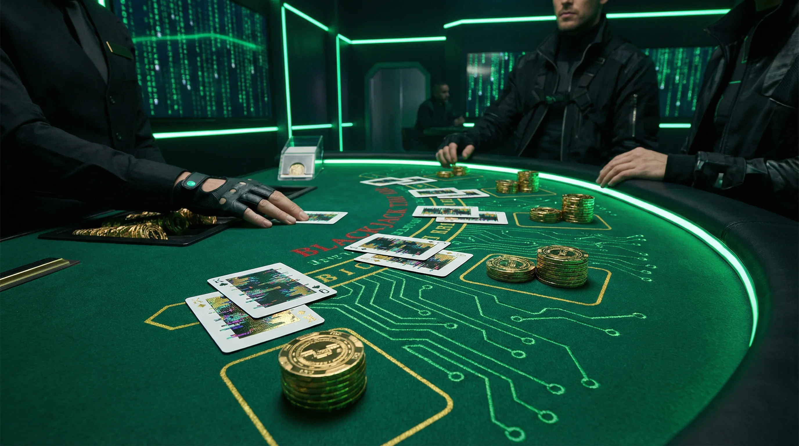 Mesa de blackjack profesional con cartas y fichas en Rivalobet App México